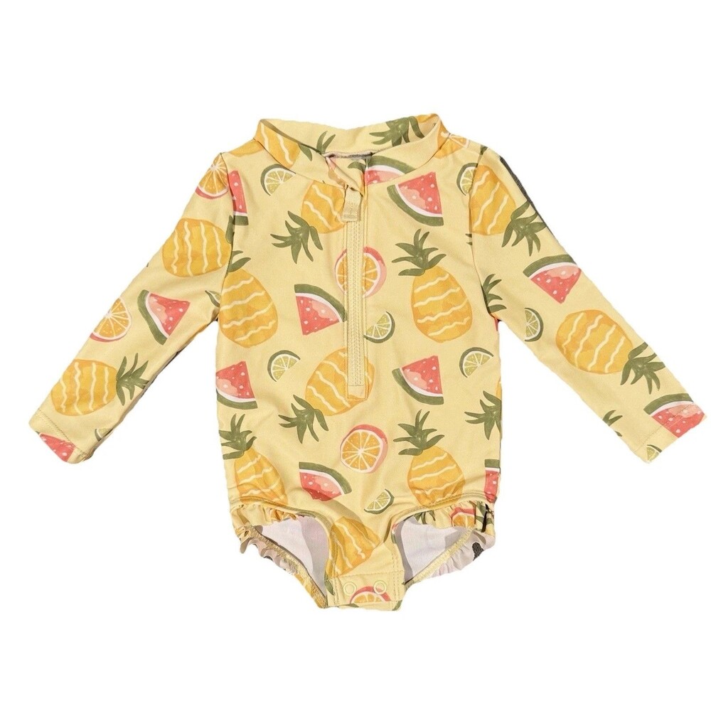 NWOT Baby Girls Simple Joys By Carters Long Sleeve Yellow Fruit Swimsuit 6M 6-9M